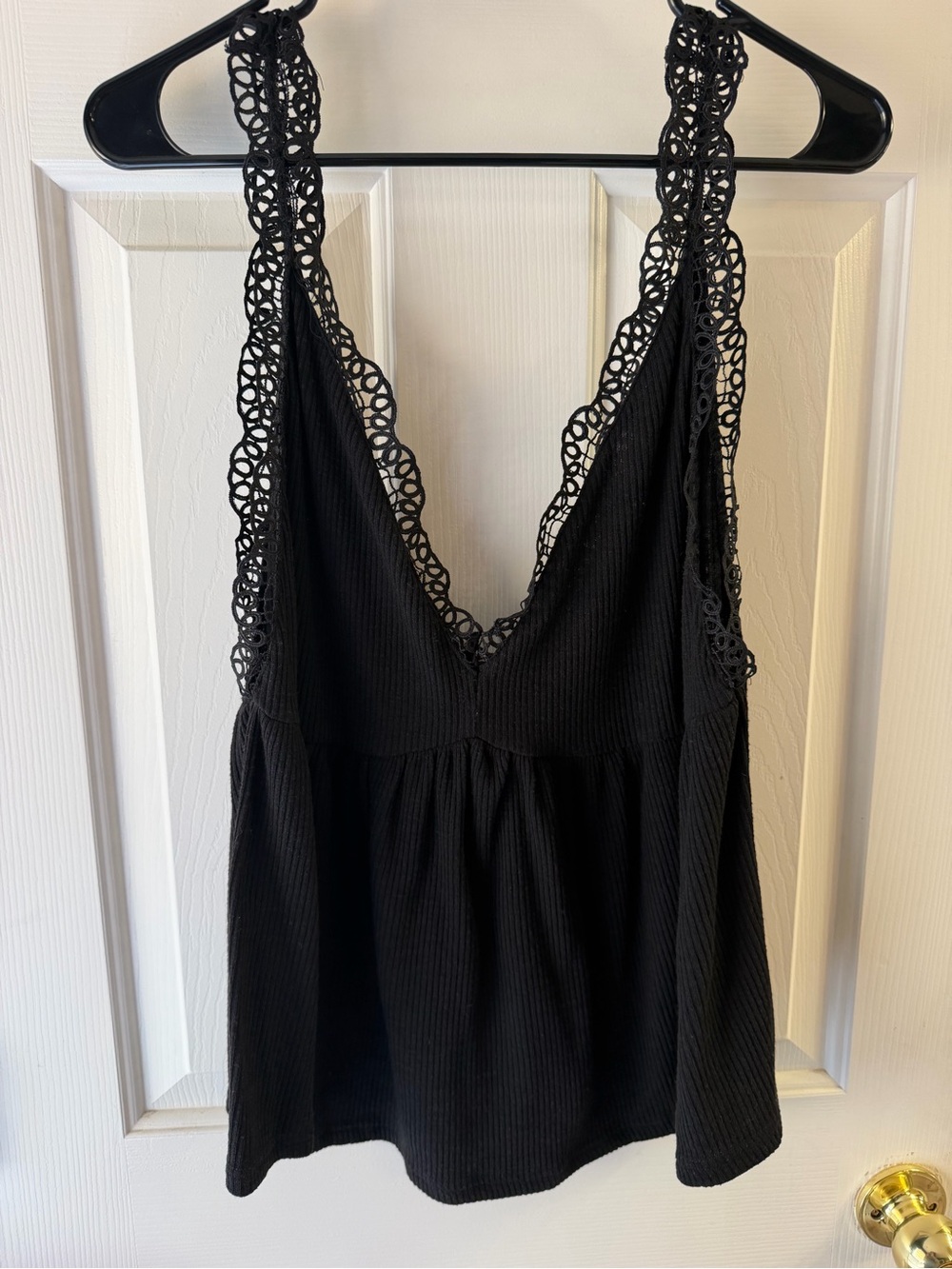 Umgee Black Ribbed Crochet Lace Trim Babydoll Tank Top